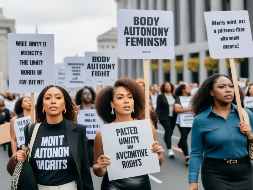 Manifestación feminista con mujeres diversas sosteniendo carteles sobre la política del cuerpo en feminismo, expresando fuerza y determinación