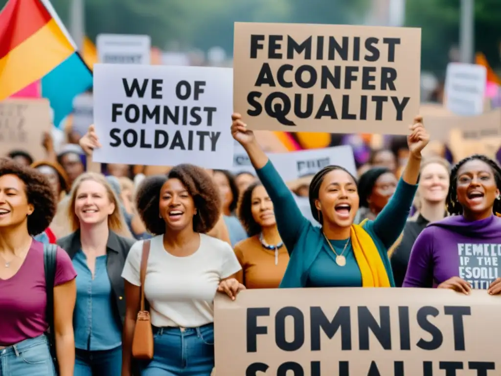 Manifestación feminista con pancartas por la política del cuerpo en feminismo, empoderamiento y solidaridad de mujeres diversas
