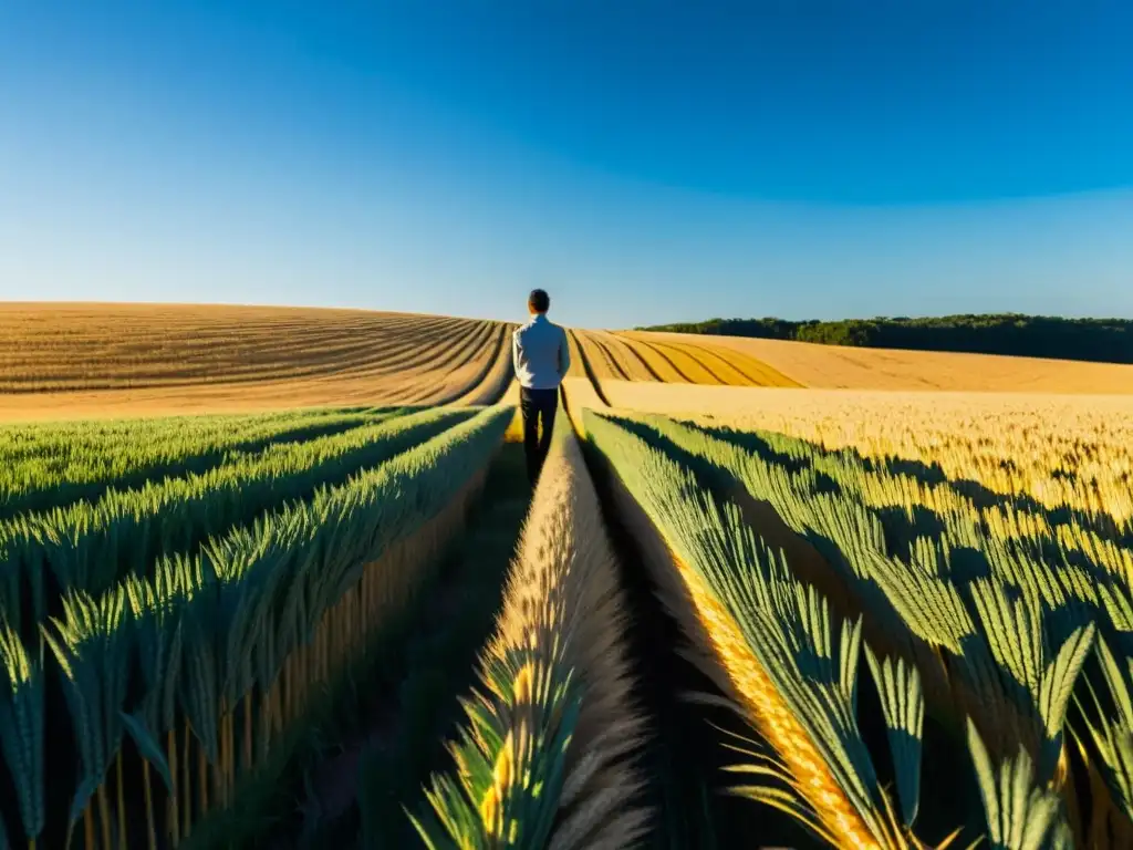 Una figura contemplativa en un campo de trigo dorado bajo el cielo azul