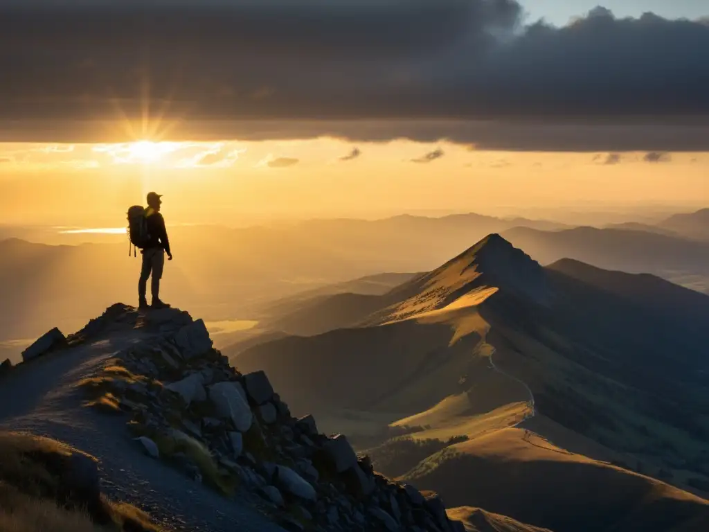 Una figura solitaria contempla el amanecer en la cima de la montaña, evocando analogías filosóficas para liderazgo