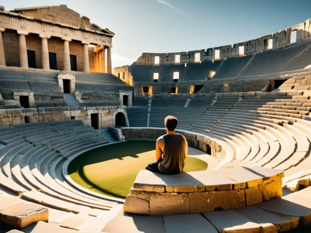 Figura solitaria reflexionando en antiguo anfiteatro griego, evocando la resiliencia de la filosofía antigua frente a adversidades