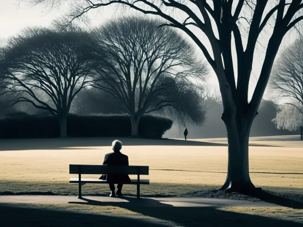 Una figura solitaria reflexiona en un banco del parque, rodeada de sombras dramáticas