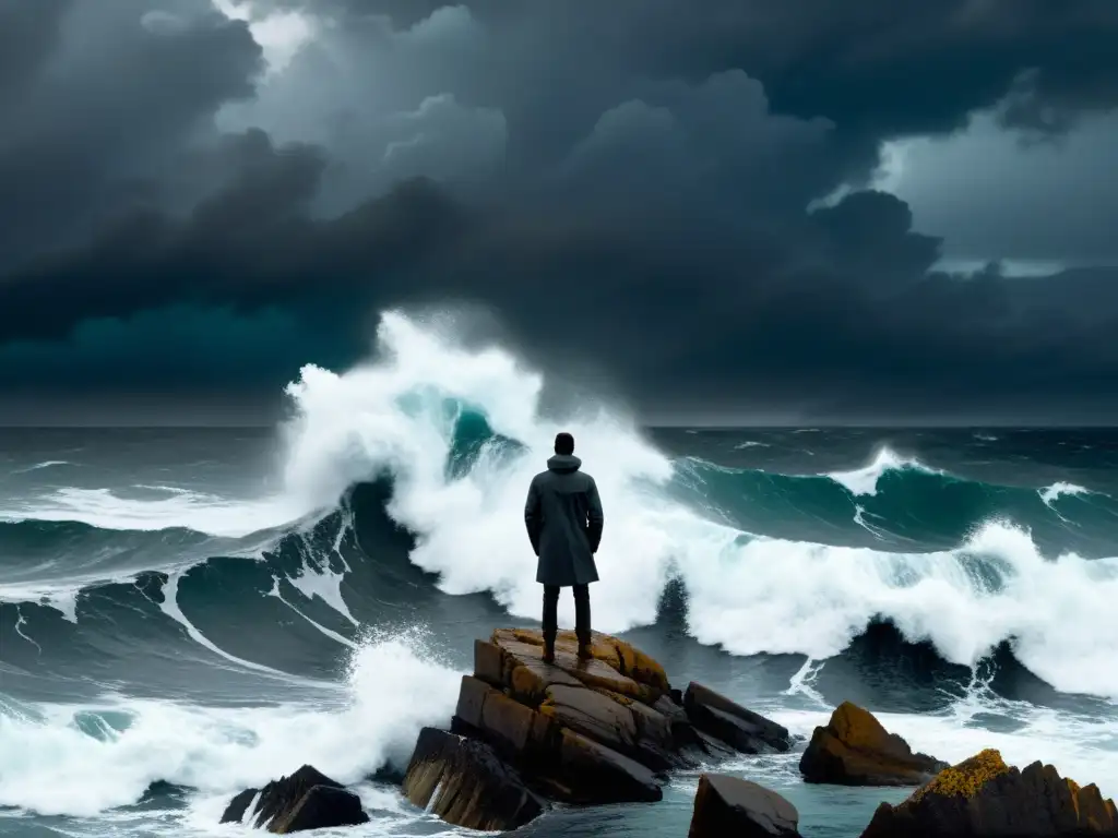 Figura solitaria en el borde del océano tormentoso, reflexión existencial y psicología