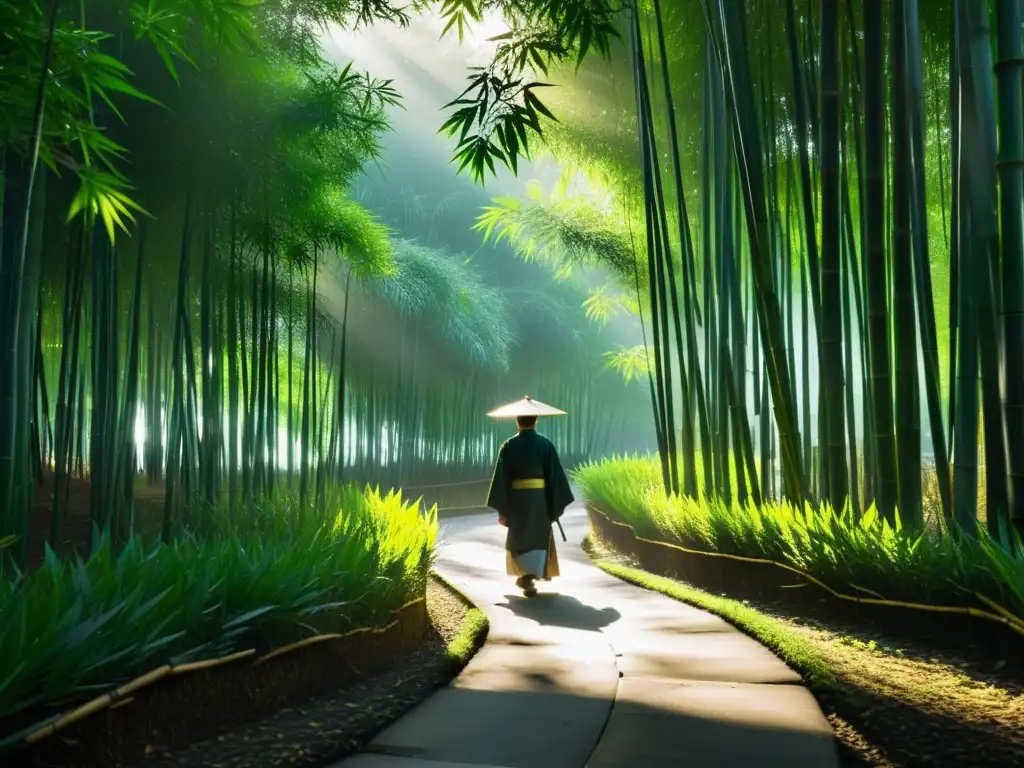 Figura solitaria en un bosque de bambú, con luz filtrándose entre las hojas