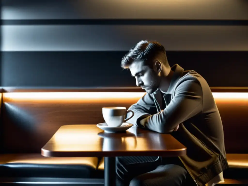Una figura solitaria reflexiona en un café tenue, evocando el significado auténtico del existencialismo