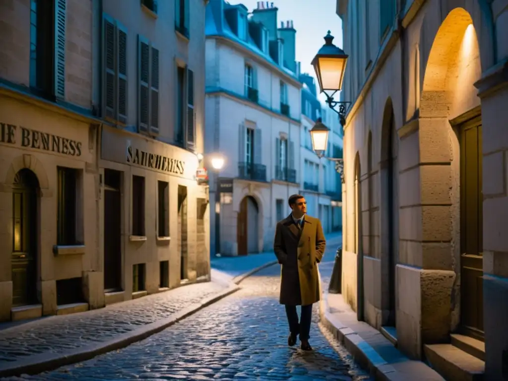 Figura solitaria en un callejón parisino, con 'El ser y la nada' de Sartre, evocando rastreo corrientes filosóficas Europa