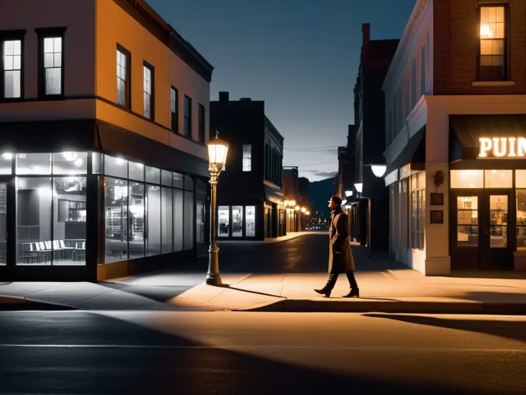 Una figura solitaria reflexiona bajo el cielo nocturno en una calle desolada, evocando principios morales en existencialismo