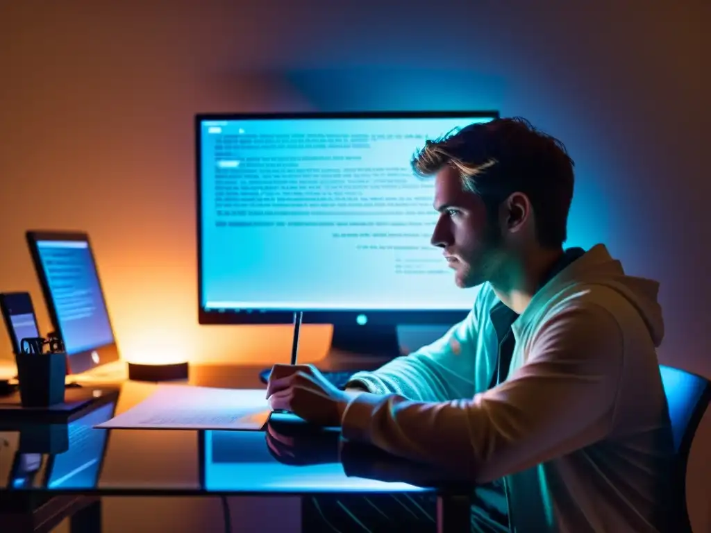 Una figura solitaria reflexiona frente a la pantalla del ordenador, inmersa en el brillo fresco de la luz
