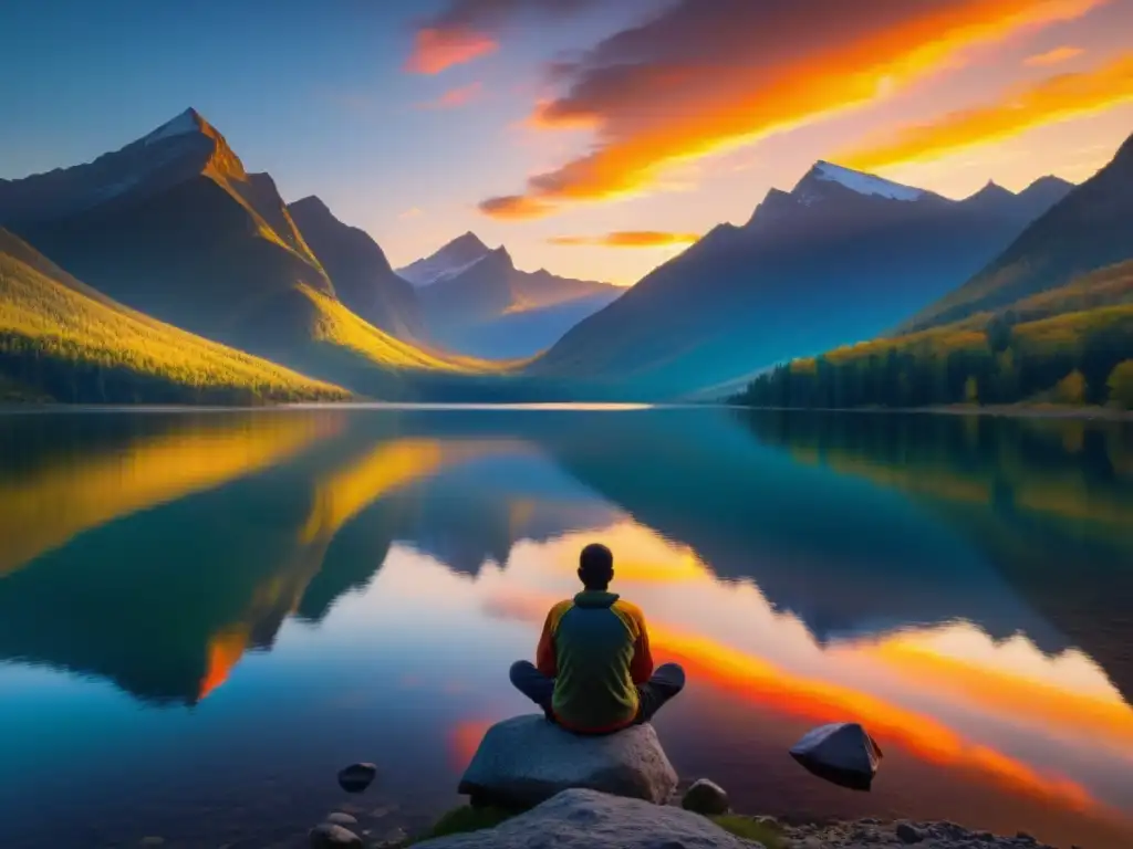 Figura solitaria reflexiona en lago al amanecer, rodeada de montañas