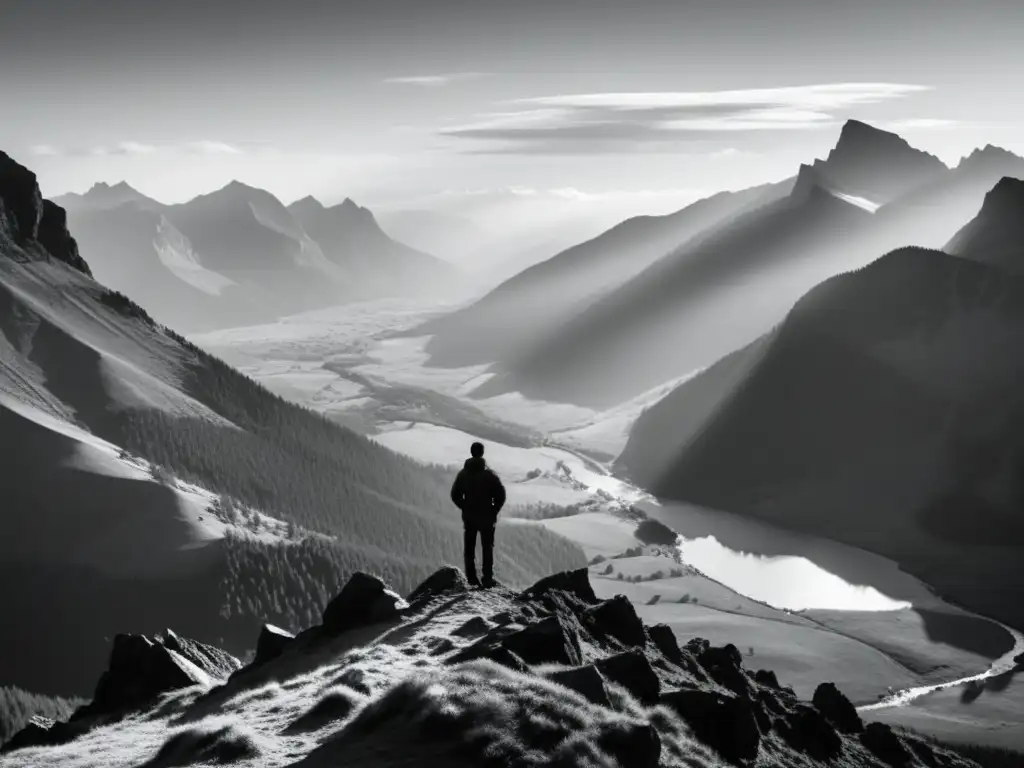 Figura solitaria contemplando majestuosas montañas en la neblina