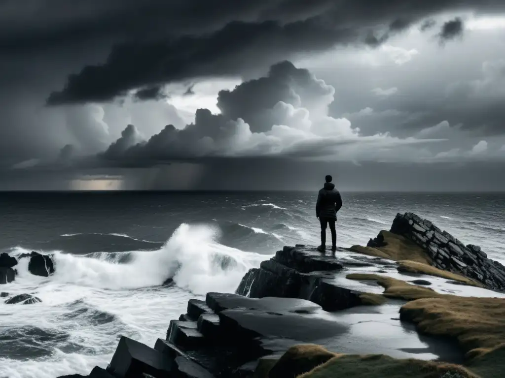 Una figura solitaria contempla el mar desde un acantilado, en medio de un cielo tormentoso