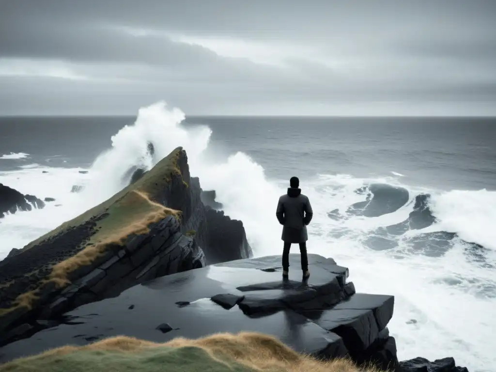Una figura solitaria contempla el mar agitado en un acantilado rocoso, evocando la relación entre filosofía existencialista y psicología humanista
