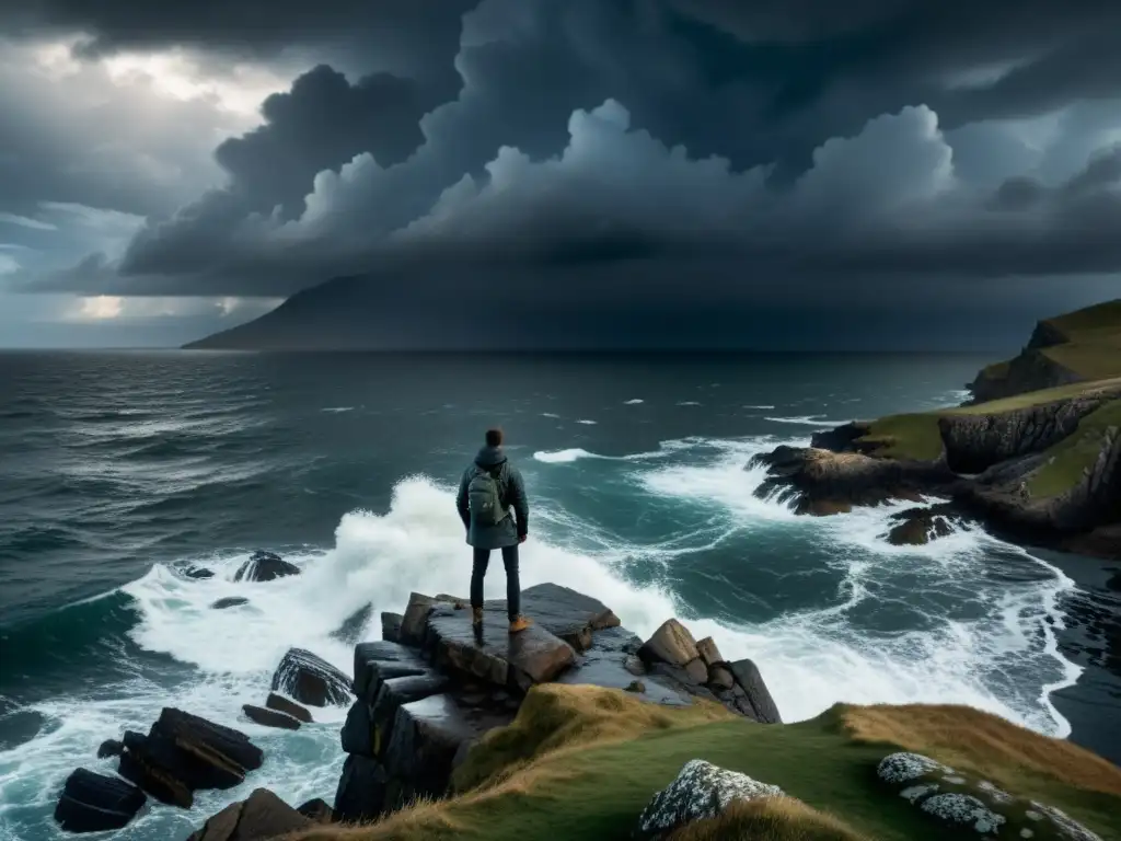 Una figura solitaria contempla el mar tumultuoso desde un acantilado rocoso, bajo nubes de tormenta