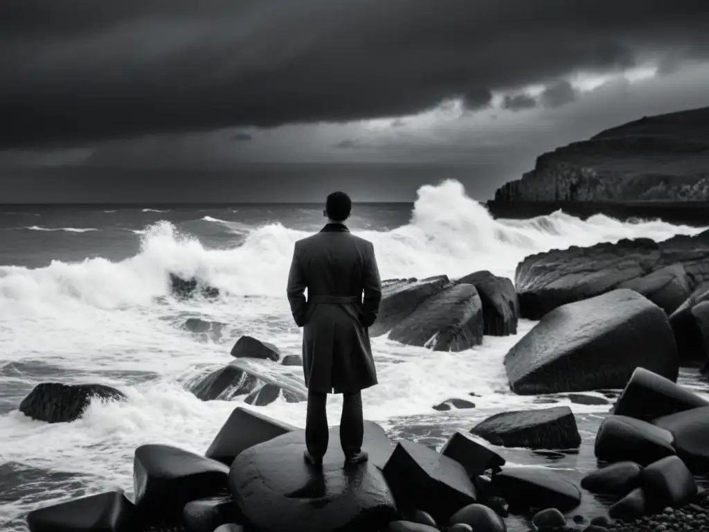 Figura solitaria en la orilla rocosa, contemplando el mar tormentoso, evocando reflexiones sobre la muerte y la fe