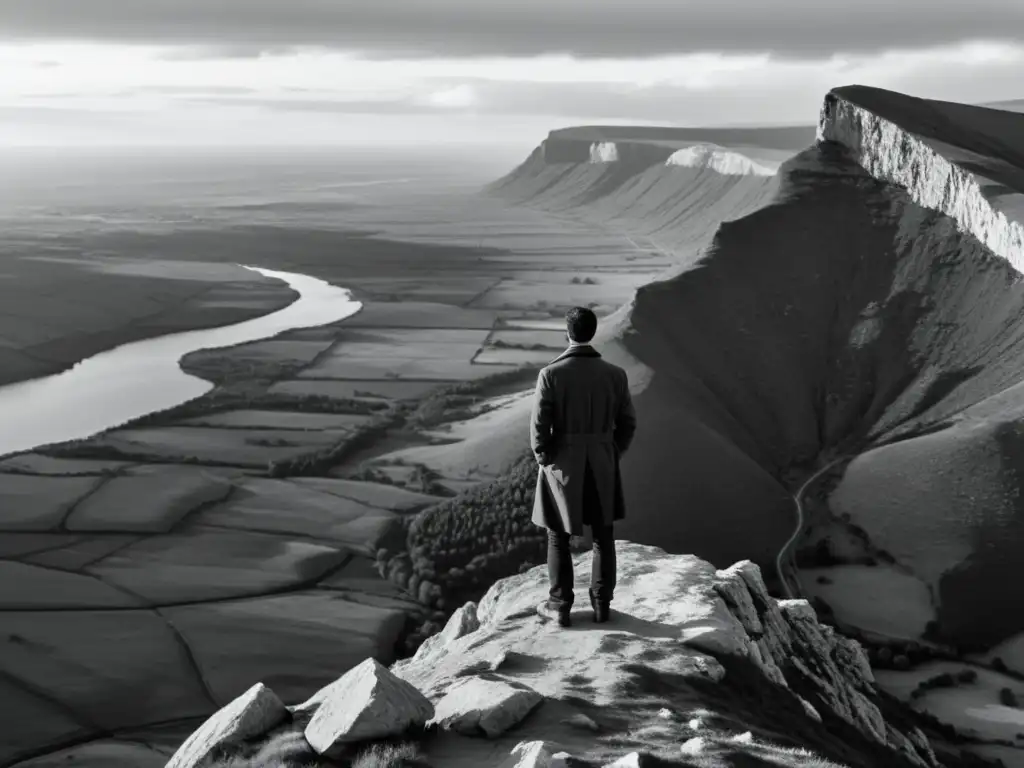 Una figura solitaria contempla un paisaje desafiante en el borde de un acantilado