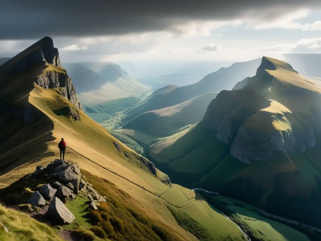 Figura solitaria contemplando el paisaje montañoso, evocando el Origen de la Voluntad de Poder en la naturaleza majestuosa