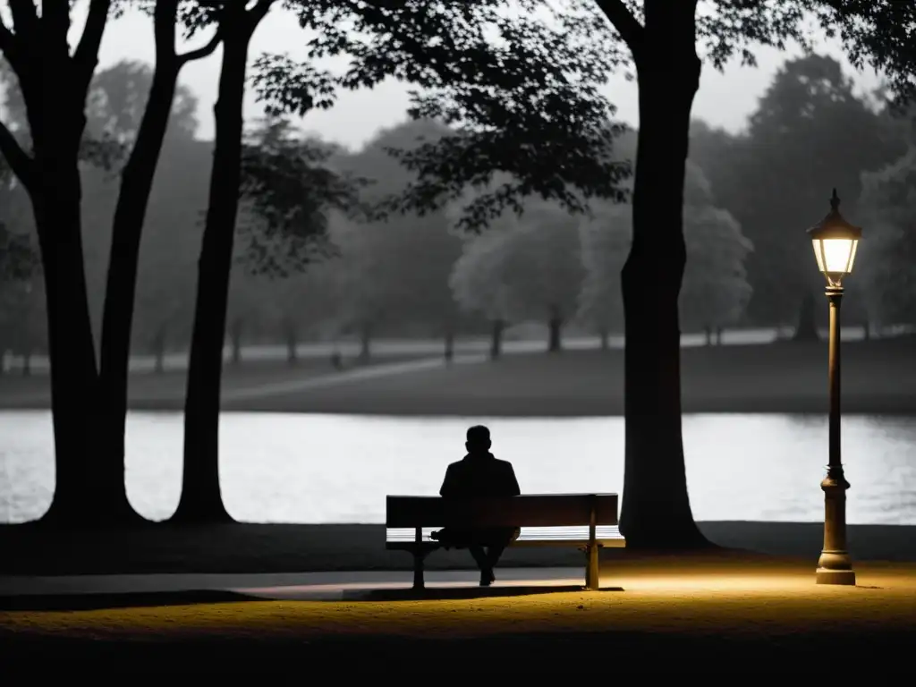Una figura solitaria en un parque urbano, iluminada por la luz cálida de una farola