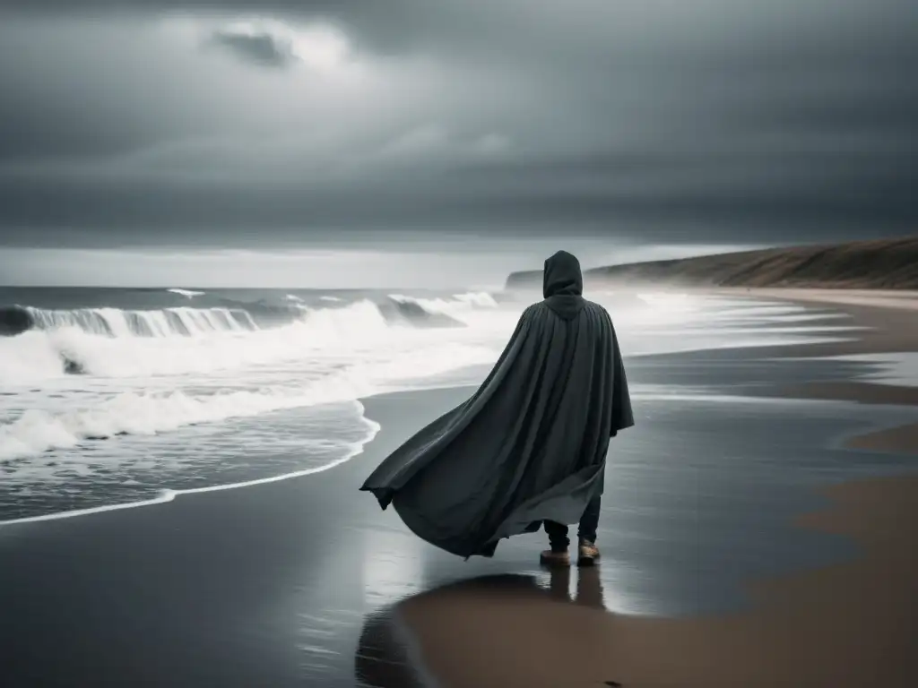 Figura solitaria en la playa, contemplando el tumultuoso mar