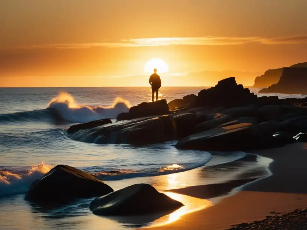 Una figura solitaria abraza la serenidad del atardecer en la costa rocosa