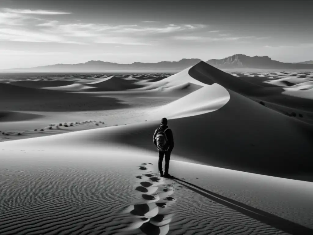 Figura solitaria en desierto infinito: reflexión existencial Una figura solitaria contempla el vasto desierto, una respuesta existencialista al vacío existencial
