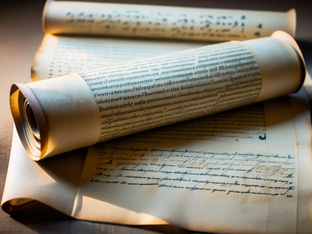 Filosofía del lenguaje en la era digital: antiguo pergamino con intrincada caligrafía y sabiduría ancestral
