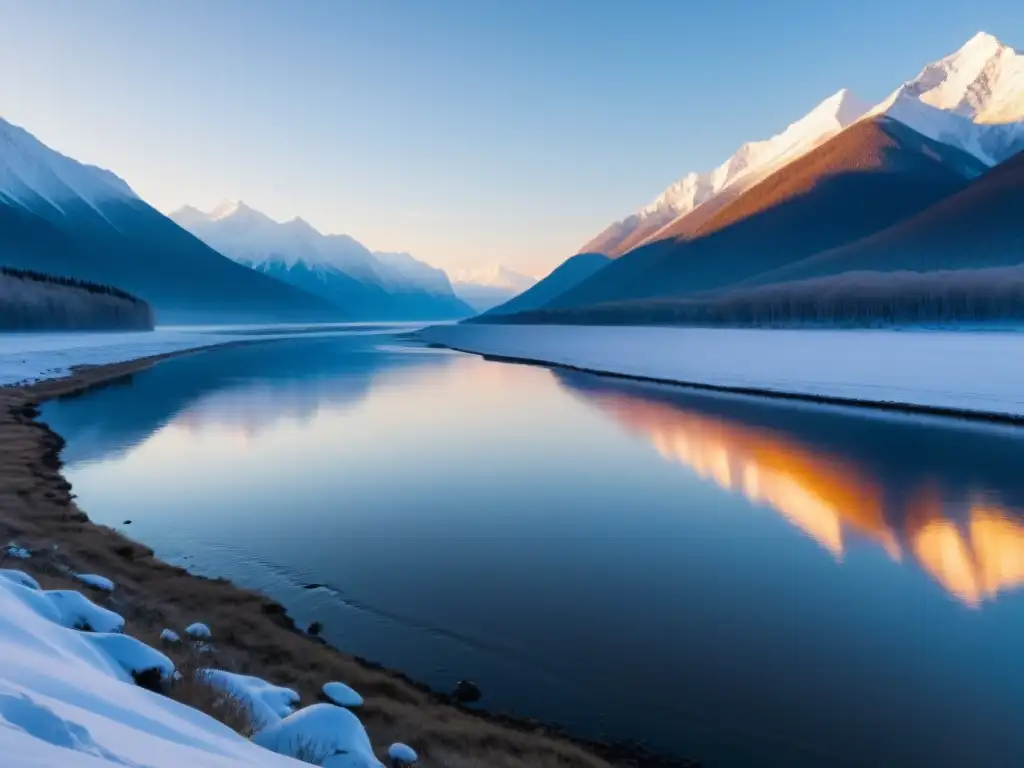 La filosofía de la paciencia en Siberia: majestuoso paisaje nevado con montañas al fondo, río tranquilo y figura solitaria al amanecer
