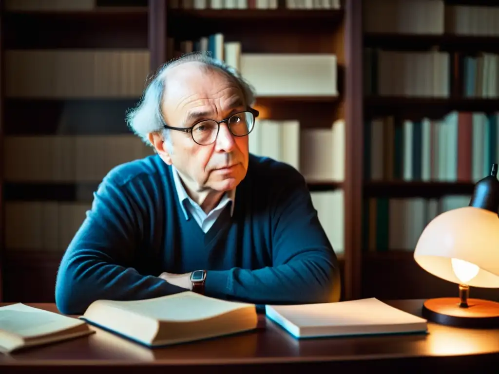 Thomas Kuhn reflexiona sobre la Filosofía de las revoluciones científicas, rodeado de libros y papeles, con una intensa expresión de contemplación