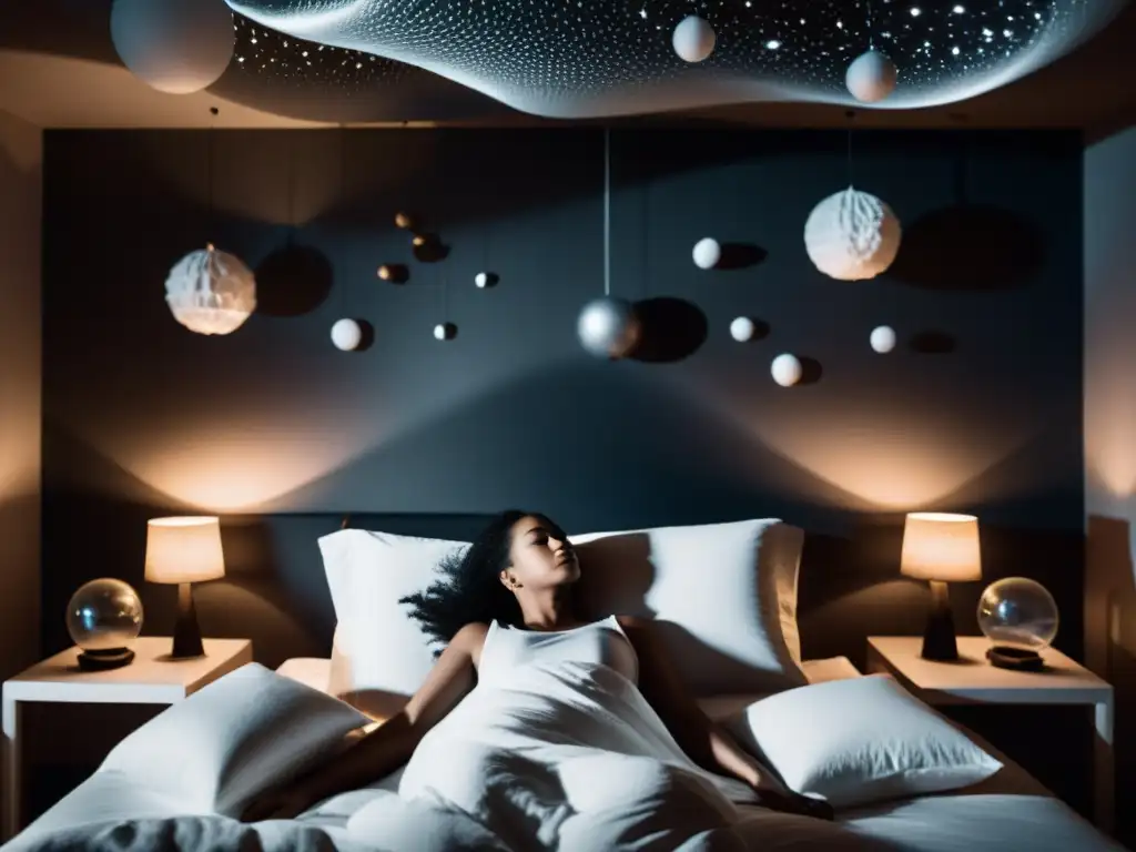 Filosofía del sueño en 'Waking Life': Persona en cama con aura onírica y objetos flotantes, expresando serenidad y contemplación