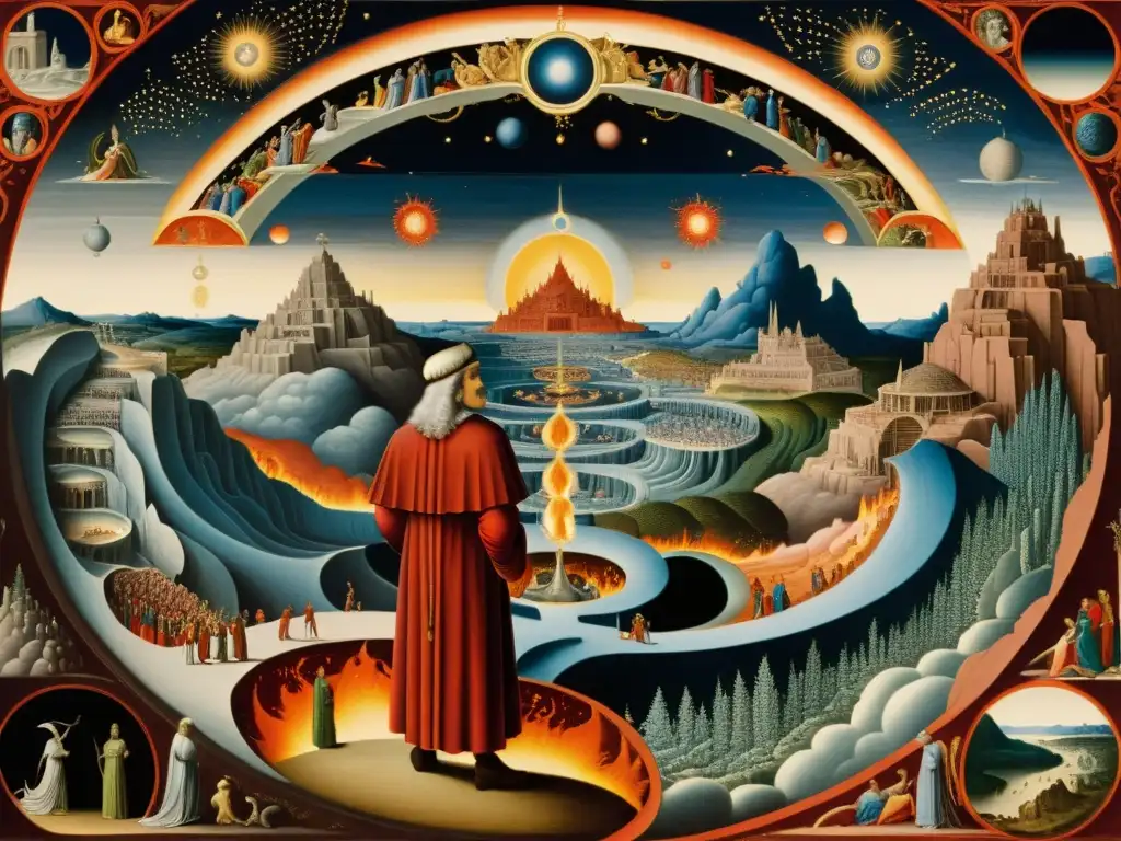 Interpretación filosófica de La Divina Comedia: Dante, Virgilio y Beatriz exploran los nueve círculos del infierno, terrazas del purgatorio y esferas celestiales en una imagen detallada y surrealista