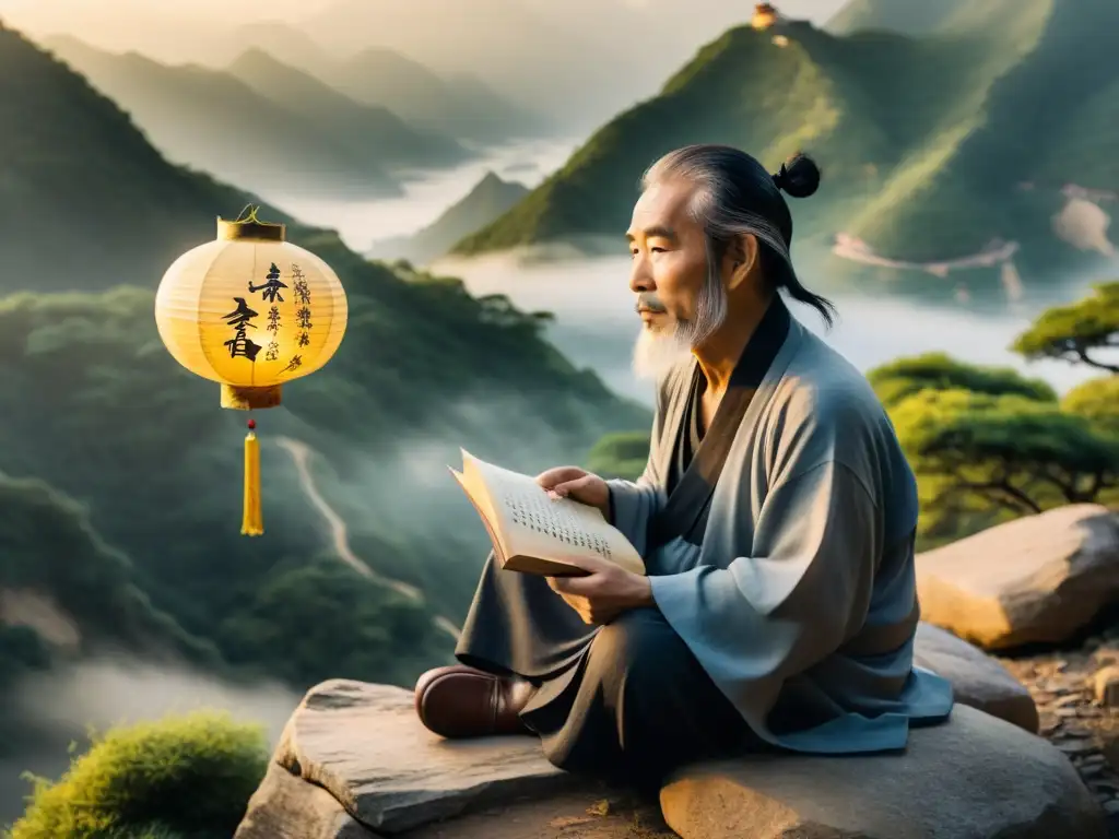 Un filósofo chino antiguo medita en una montaña, iluminado por una linterna y sosteniendo un libro de texto taoísta