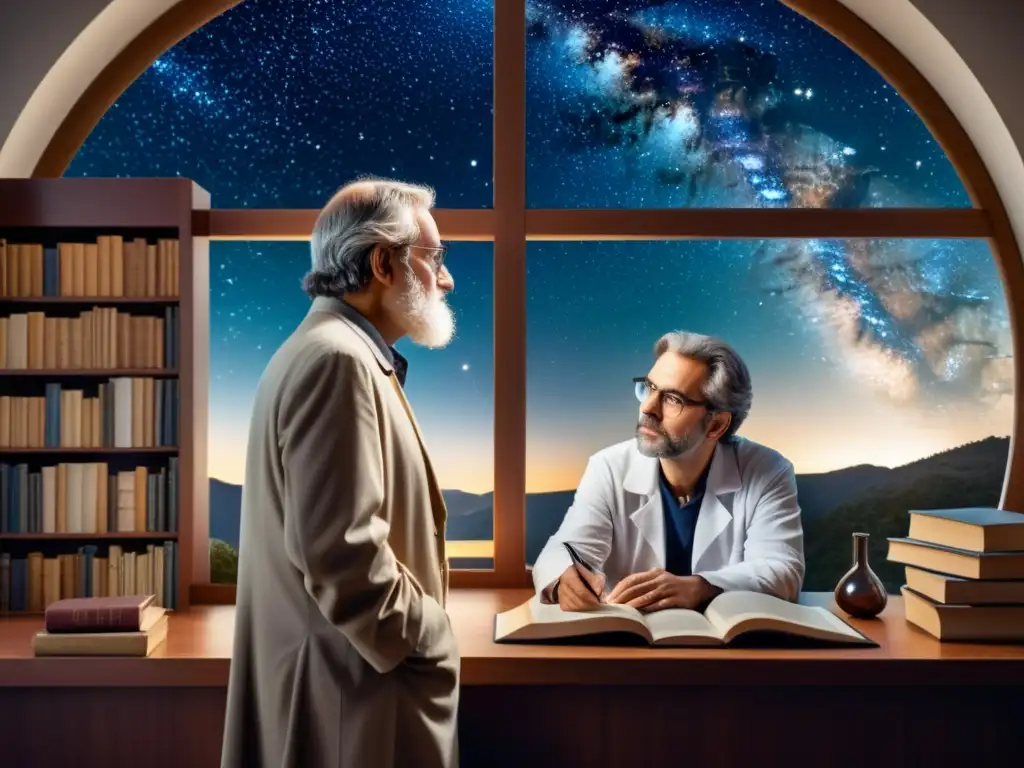 Filósofo y científico discuten rodeados de libros e instrumentos, con un cielo estrellado de fondo, ilustrando el papel de la filosofía en ciencia