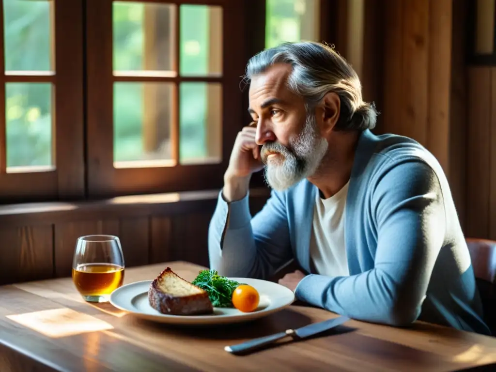 Un filósofo contemporáneo reflexiona sobre la relación entre la filosofía de la alimentación saludable y el bienestar, mientras disfruta de una comida elegante en una mesa rústica iluminada por luz natural