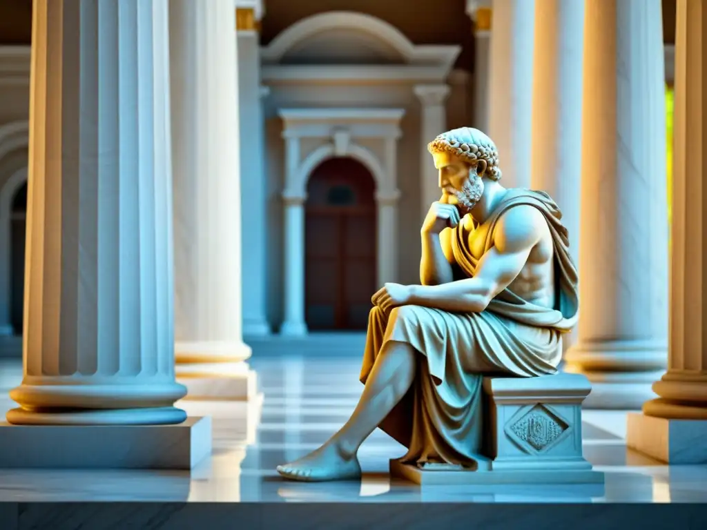 Un filósofo estoico meditando en un entorno clásico con columnas y una estatua de mármol al fondo