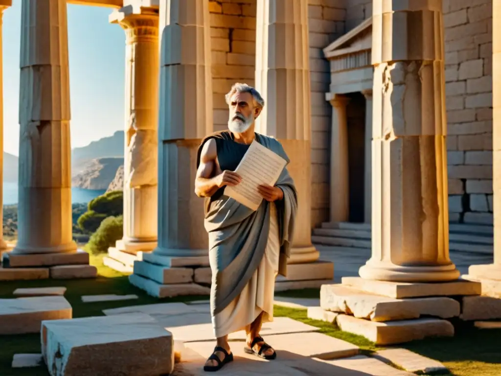 Un filósofo estoico griego sereno entre ruinas, con la luz solar creando sombras dramáticas en las columnas de mármol envejecido