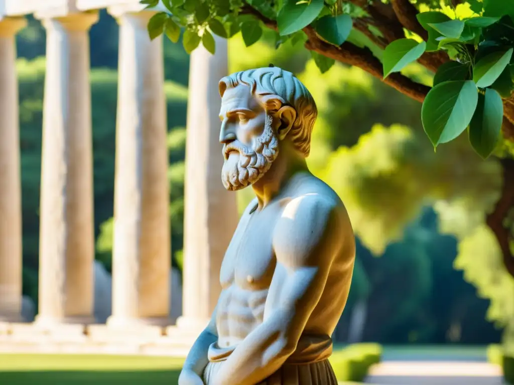 Un filósofo estoico en un jardín sereno rodeado de columnas de mármol, perdido en sus pensamientos