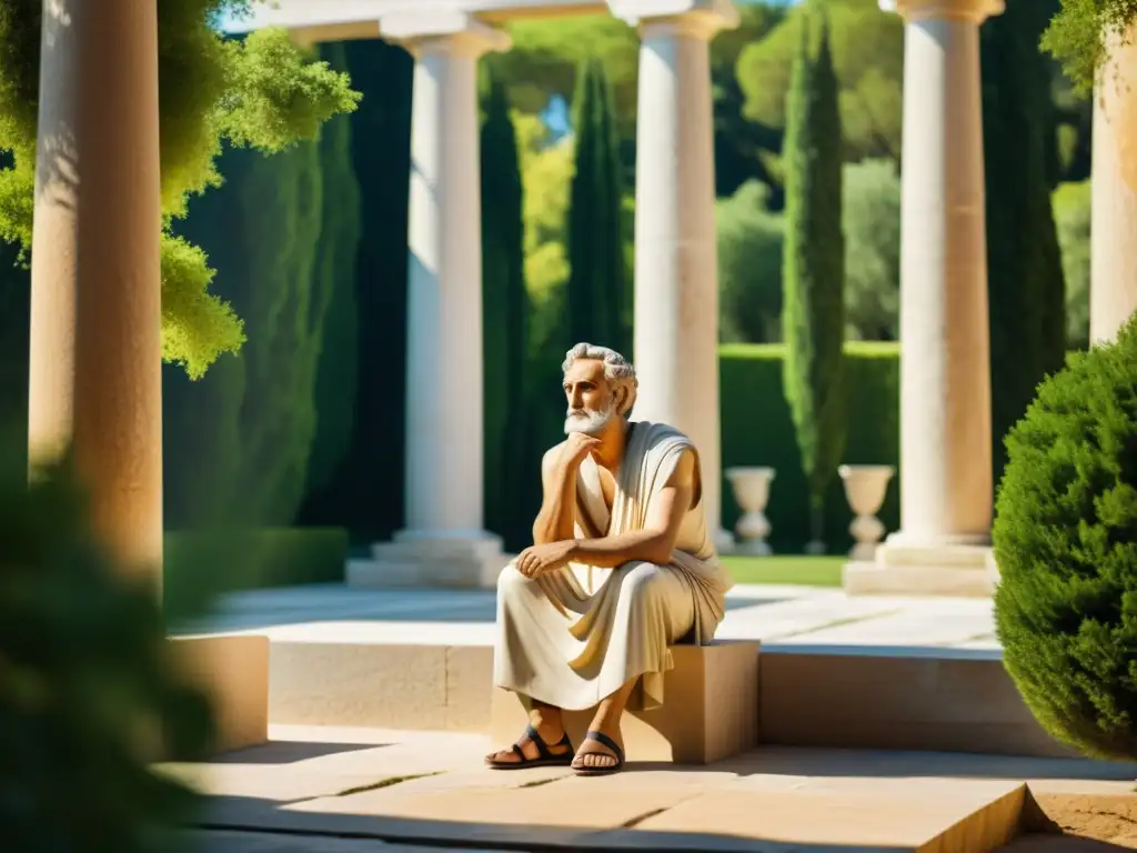 Un filósofo estoico en profunda contemplación en un tranquilo patio soleado
