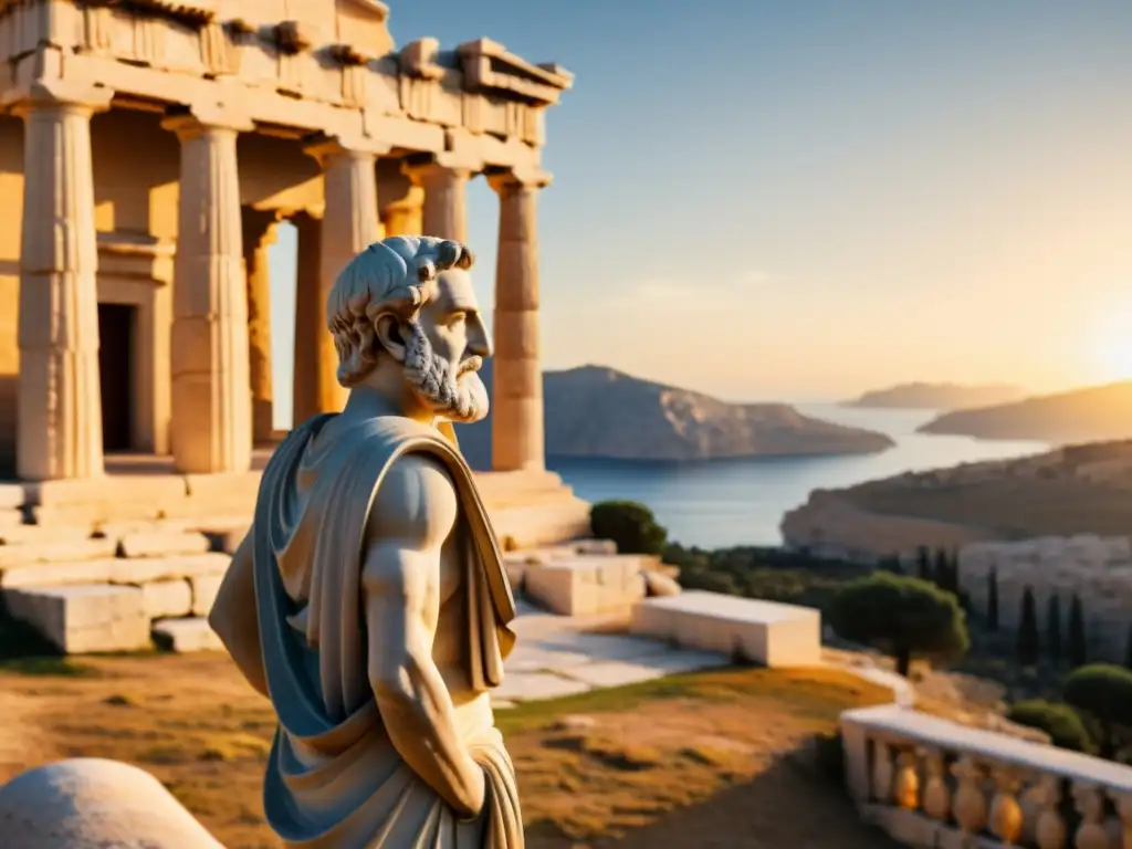 Un filósofo estoico reflexivo en un paisaje griego antiguo, transmite resiliencia y sabiduría atemporal