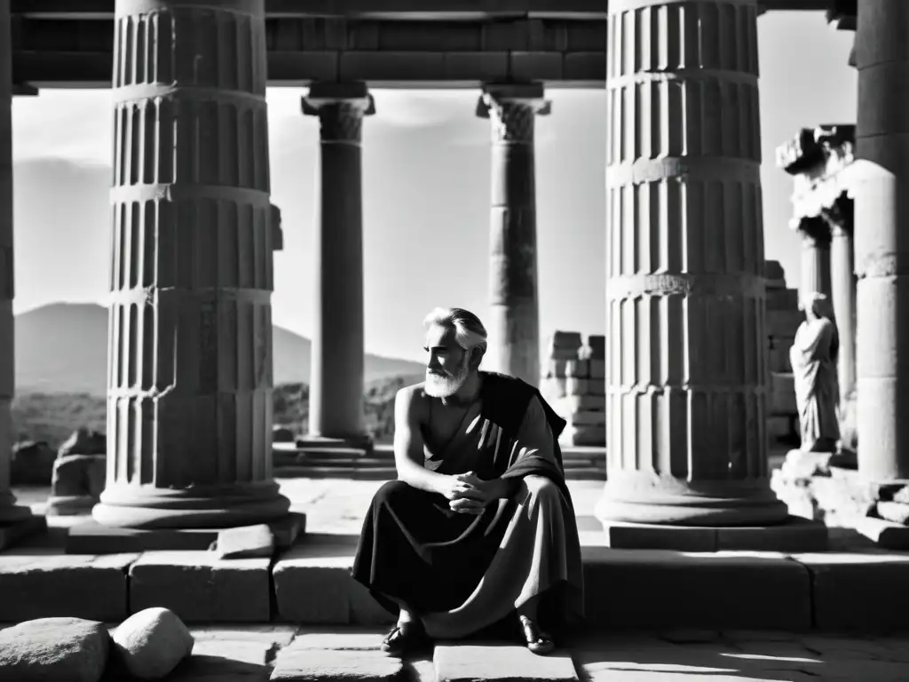 Un filósofo estoico en meditación, rodeado de ruinas antiguas, proyecta serenidad y sabiduría