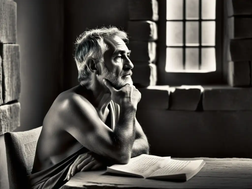 Filósofo estoico reflexionando en su sencilla habitación, rodeado de antiguos textos, transmitiendo serenidad y sabiduría