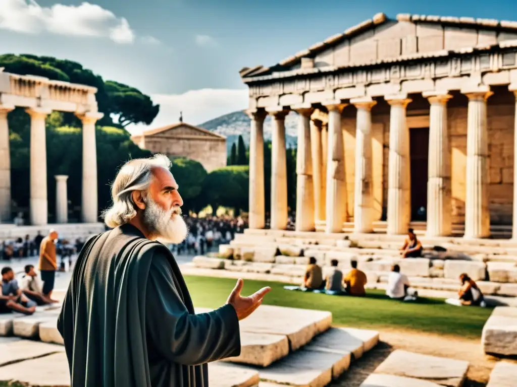 Filósofo griego en animada ágora Un filósofo griego antiguo rodeado de personas diversas en una animada ágora, donde las corrientes filosóficas moldean culturas del mundo