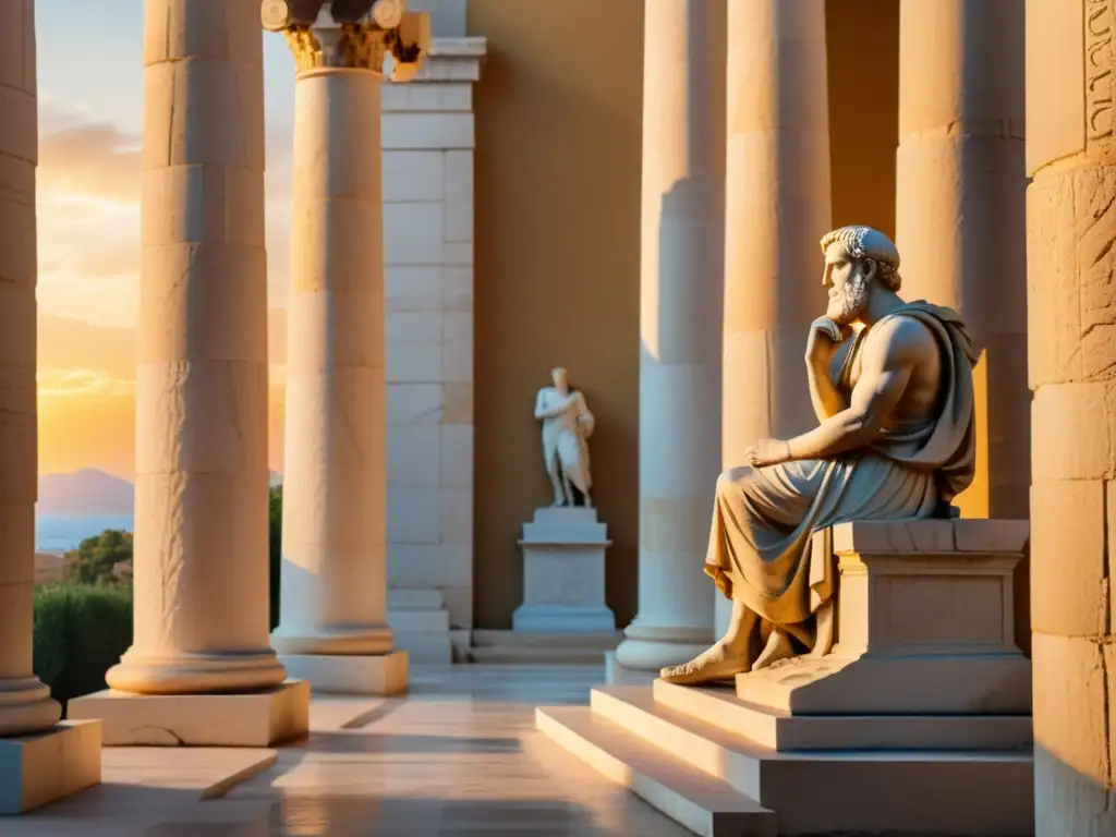 Filósofo griego reflexiona sobre el concepto de libertad al atardecer en un patio de mármol, rodeado de columnas