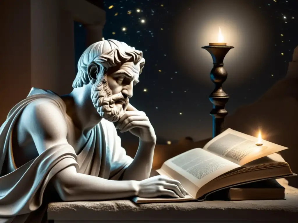 Un filósofo griego contempla las estrellas de noche con un telescopio y libros, inmerso en la filosofía de la ciencia ignorancia