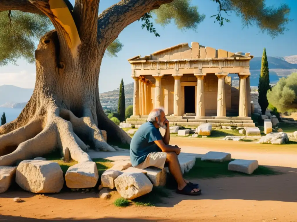 Filósofo griego reflexiona bajo olivo centenario en ruinas de templo, evocando la sabiduría antigua y psicología moderna