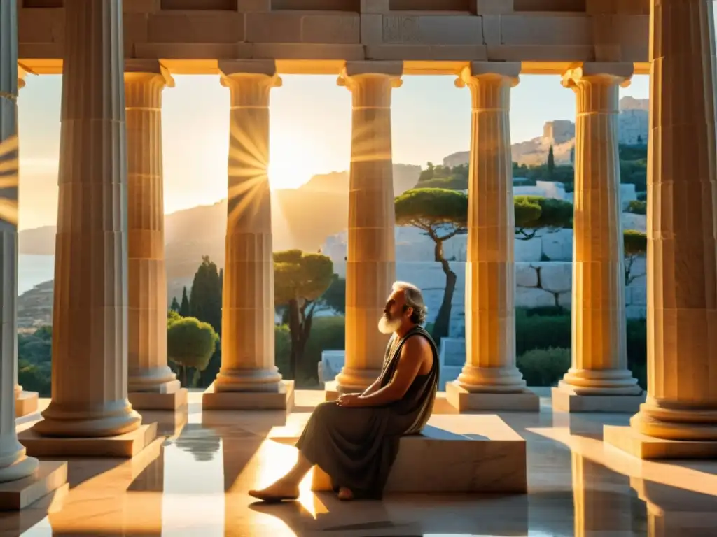 Un filósofo griego contempla el tiempo en un majestuoso salón de mármol, rodeado de altas columnas