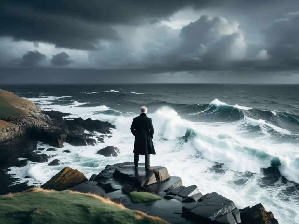Un filósofo solitario en un acantilado rocoso contempla el mar tormentoso, evocando analogías filosóficas para liderazgo