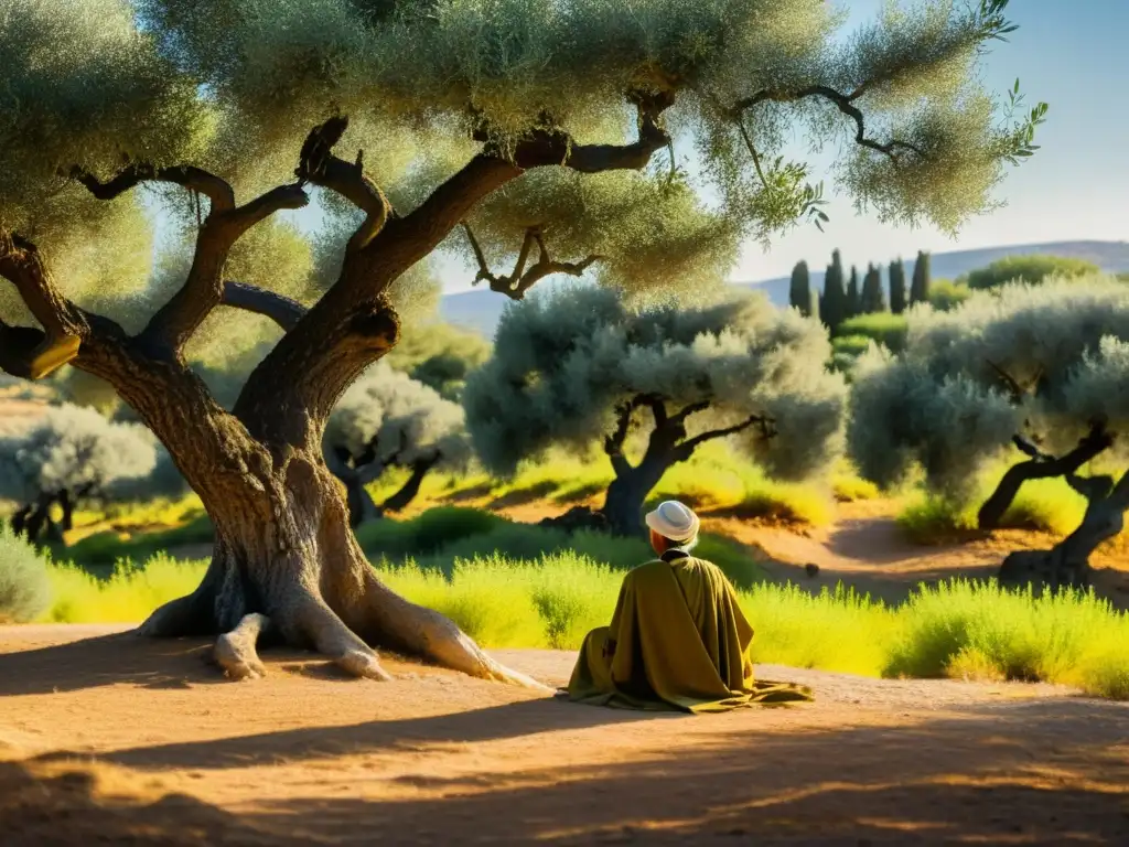 Un filósofo solitario reflexiona bajo un olivo en la campiña griega, irradiando serenidad y conexión con la naturaleza, evocando la sabiduría atemporal de los presocráticos