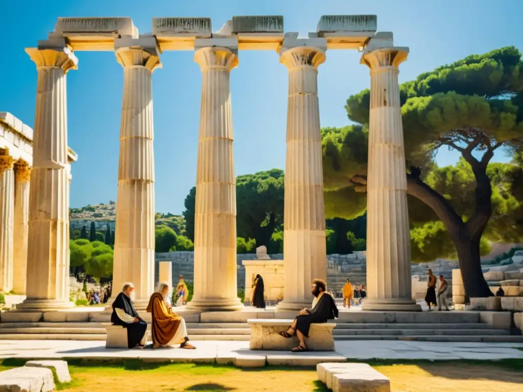 Filósofos ataviados a la antigua discuten animadamente bajo columnas de mármol en la Ágora ateniense