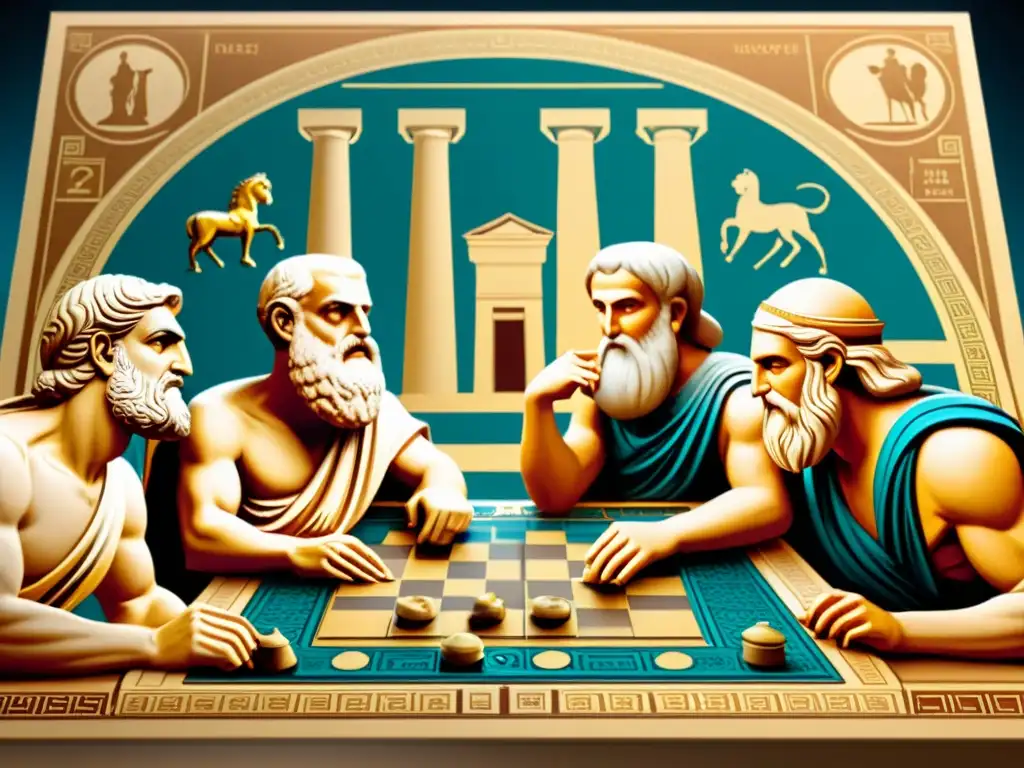 Filósofos griegos concentrados en un juego de estrategia en un mercado antiguo, con un ambiente histórico inmersivo de la antigua Grecia