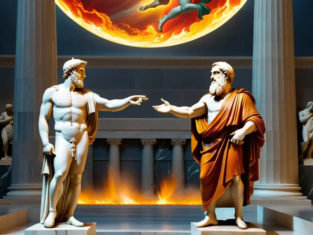 Dos filósofos griegos, Heráclito y Parménides, debaten sobre el 'Conflicto entre Ser y Cambio filosofía' en una majestuosa sala de mármol