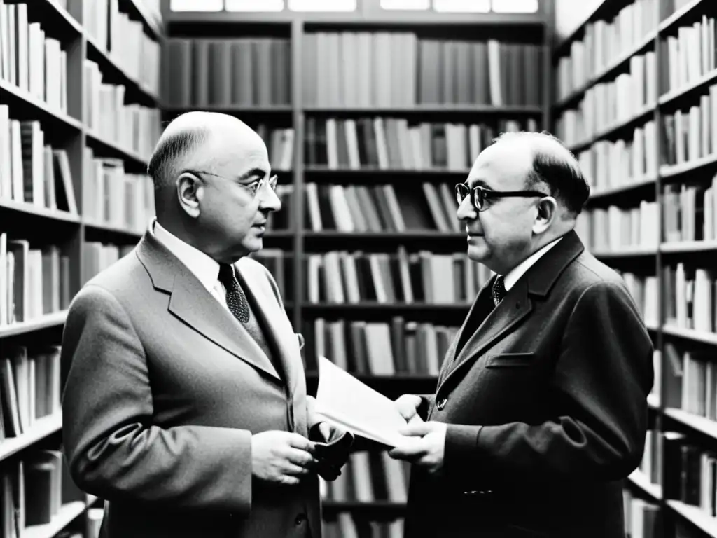 Dos filósofos en profunda conversación rodeados de libros en el Instituto de Investigación Social en Frankfurt, Alemania, simbolizando el origen de la Teoría Crítica y su desarrollo en la posverdad filosófica